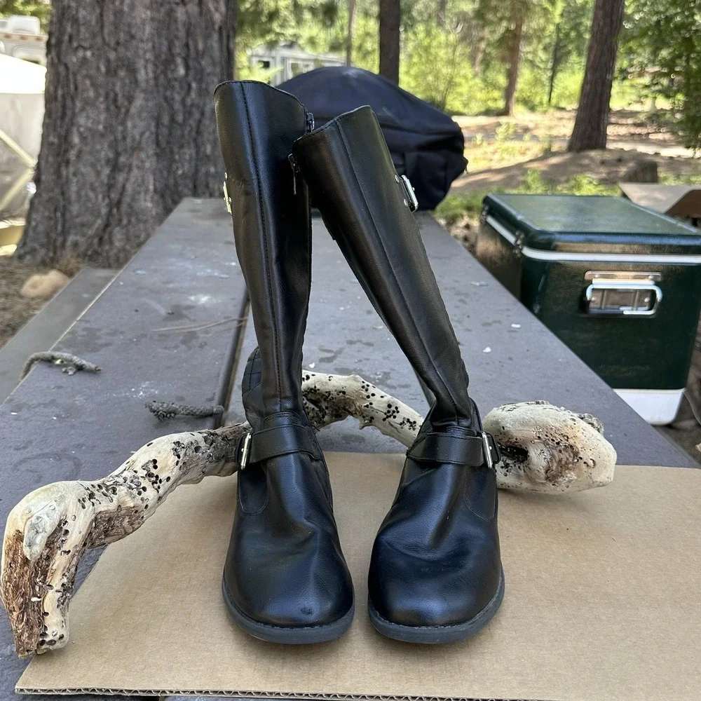 Kohl's Faux Leather Black Biker Boots Size 4 Buckles Side Zip Mid Calf Big Girls